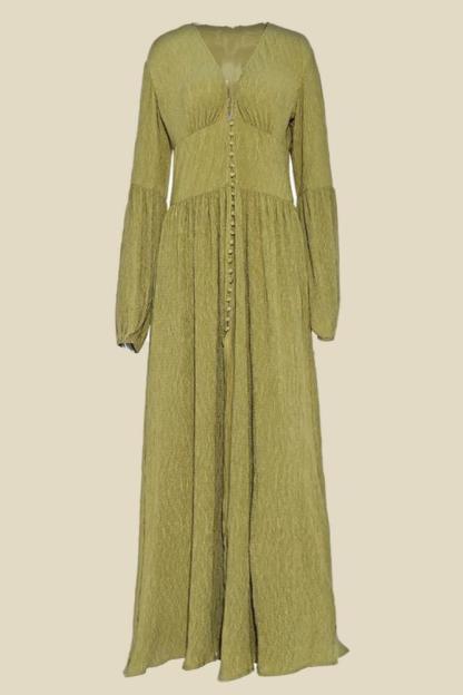Karla V-Neck Lantern Sleeve Button Midi Dress Green