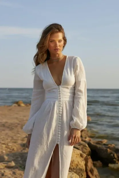 Karla White V-Neck Lantern Sleeve Button Midi Dress Green