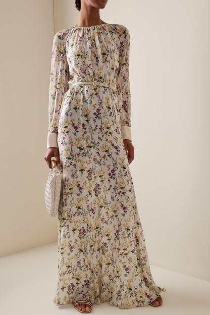 Kailyn Floral Pleat Round Neck Maxi Dress With Belt