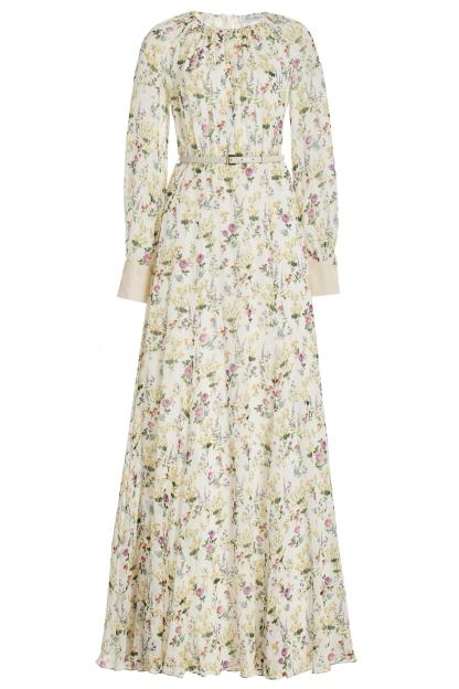 Kailyn Floral Pleat Round Neck Maxi Dress With Belt
