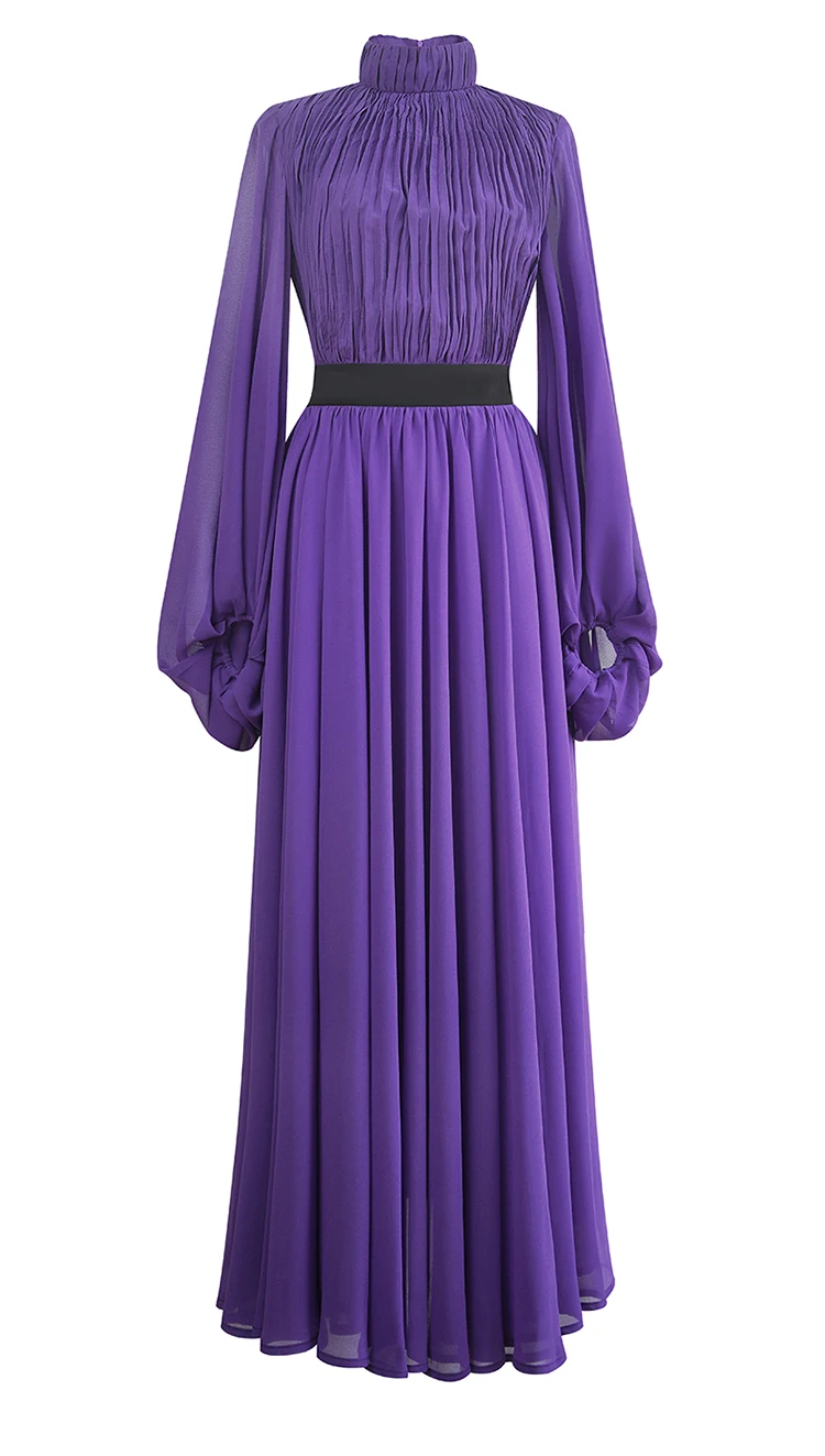 Belinda Solid Ruched Lantern Sleeve Midi Dress