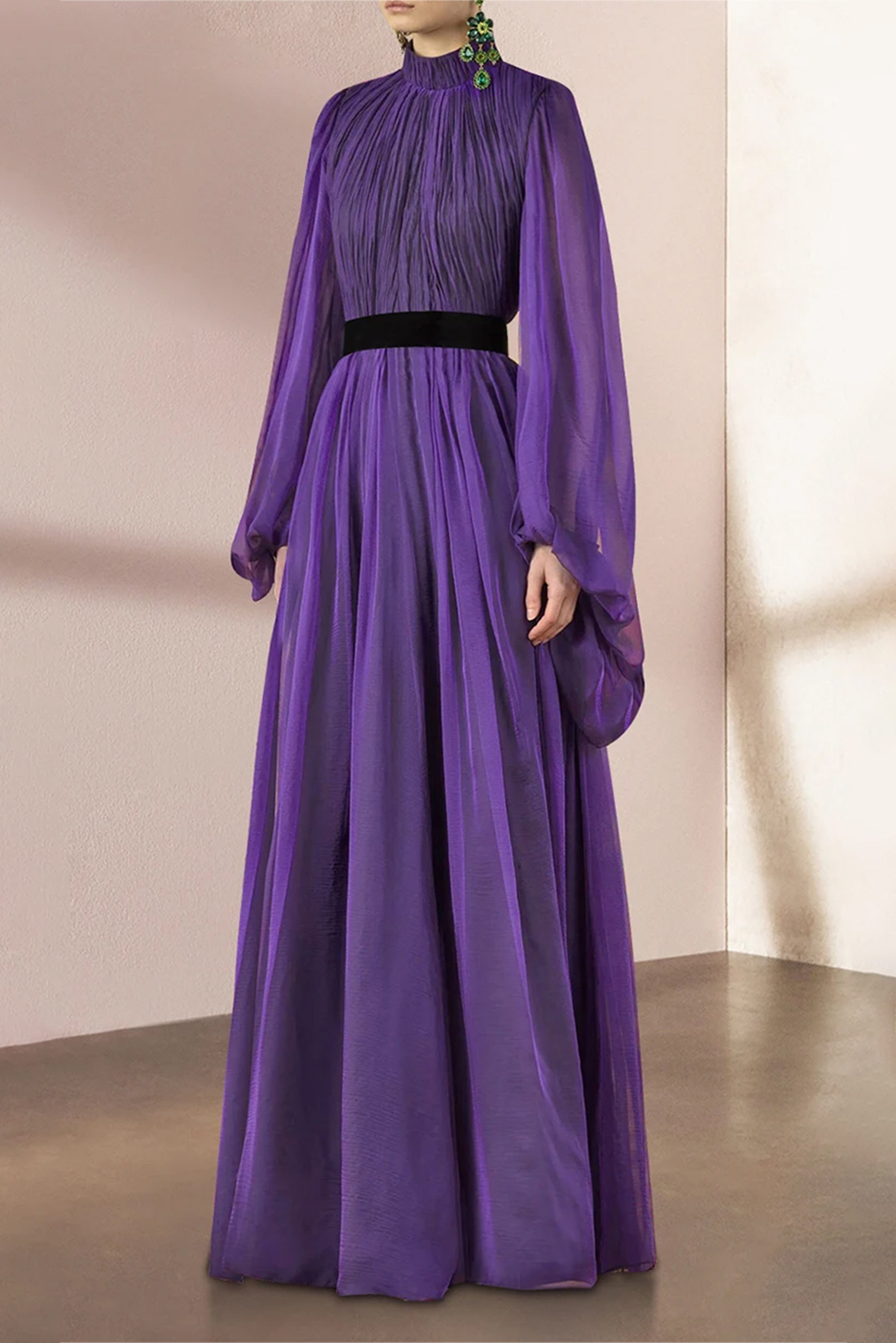 Belinda Solid Ruched Lantern Sleeve Midi Dress