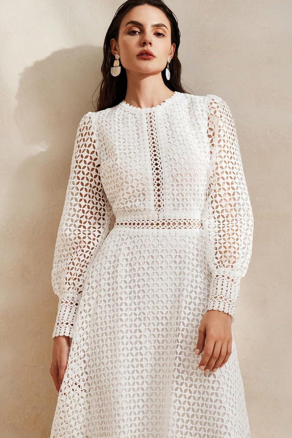 Gitta Solid Lace Lantern Sleeve Midi Dress