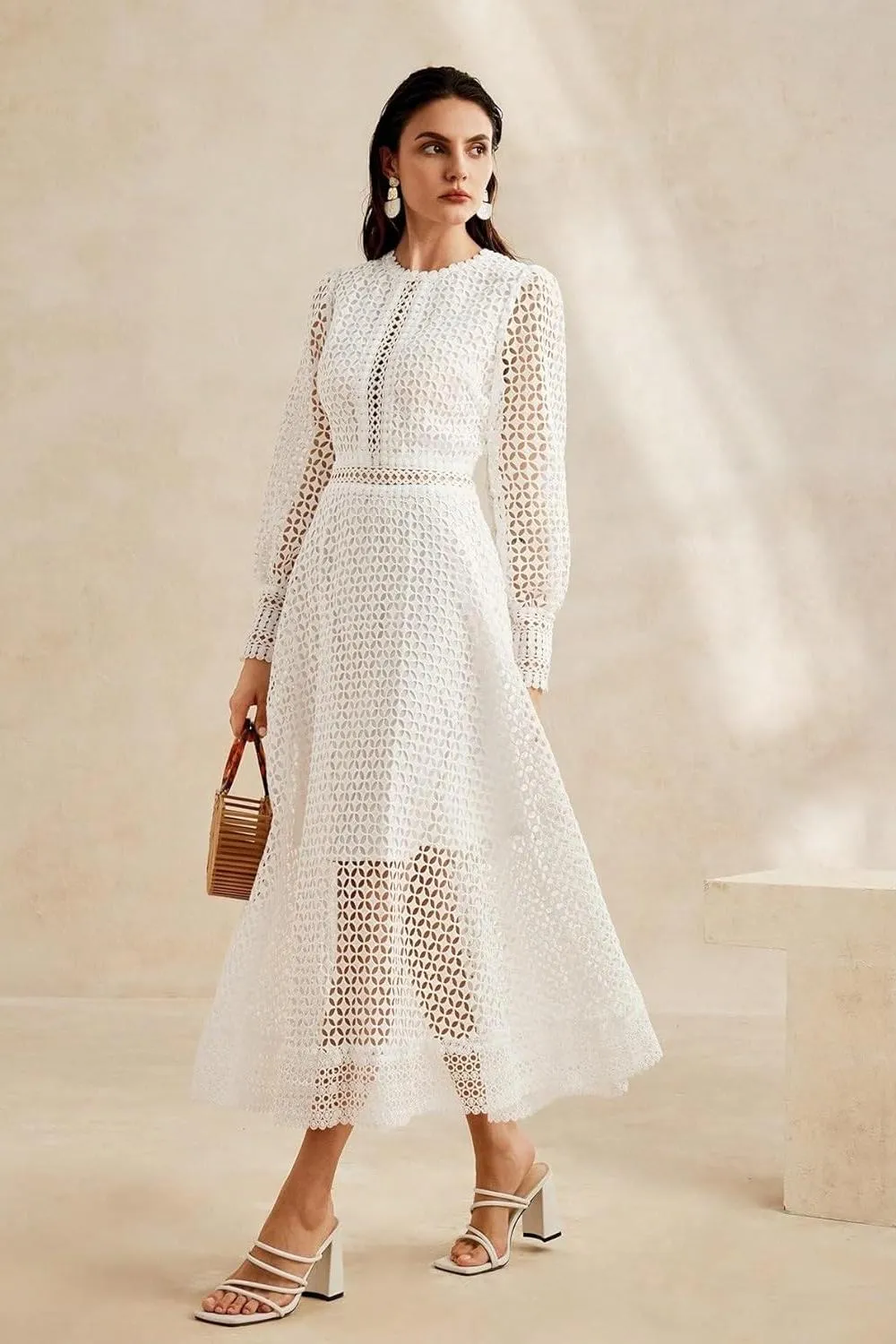 Gitta Solid Lace Lantern Sleeve Midi Dress