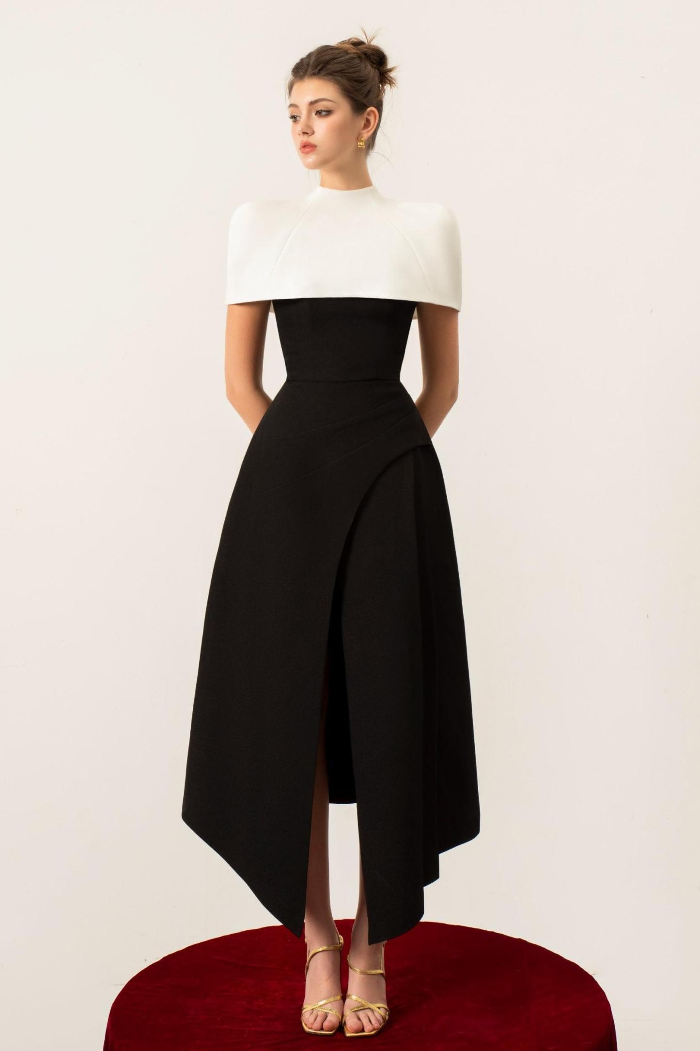 Bethany Contrast Color Cape Slip Midi Dress