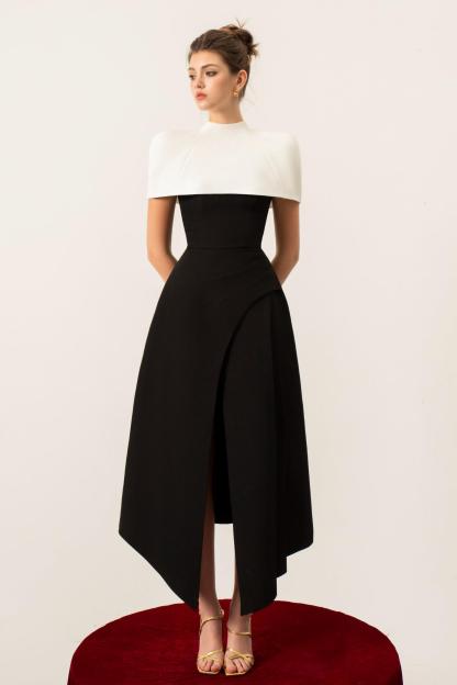 Bethany Contrast Color Cape Slip Midi Dress
