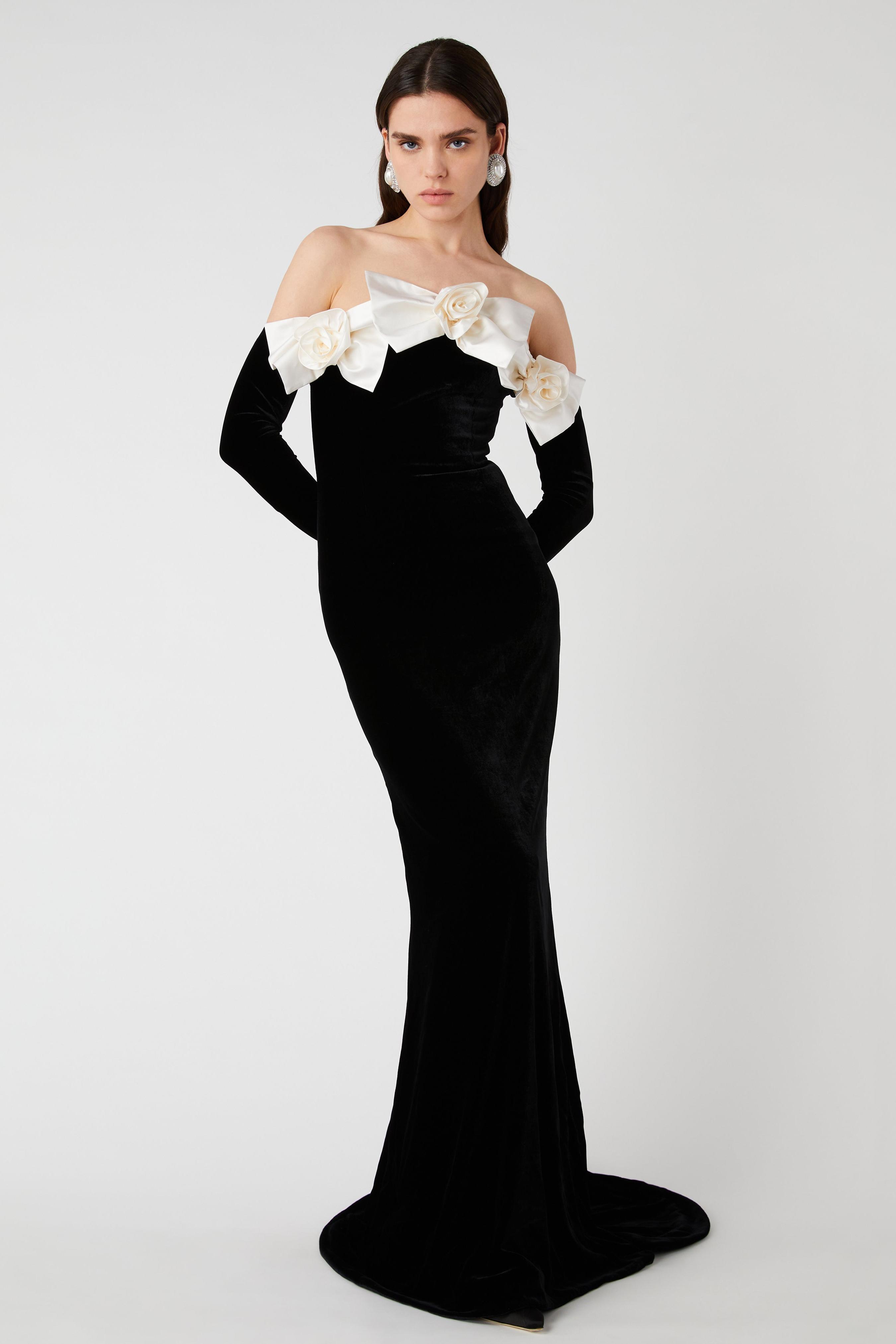 Klara 3D Floral Bow Off-Shoulder Maxi Dress