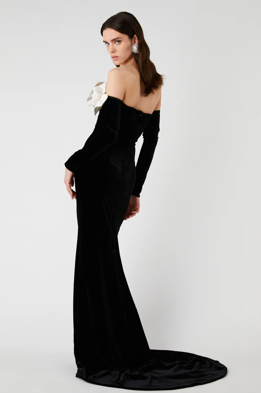 Klara 3D Floral Bow Off-Shoulder Maxi Dress