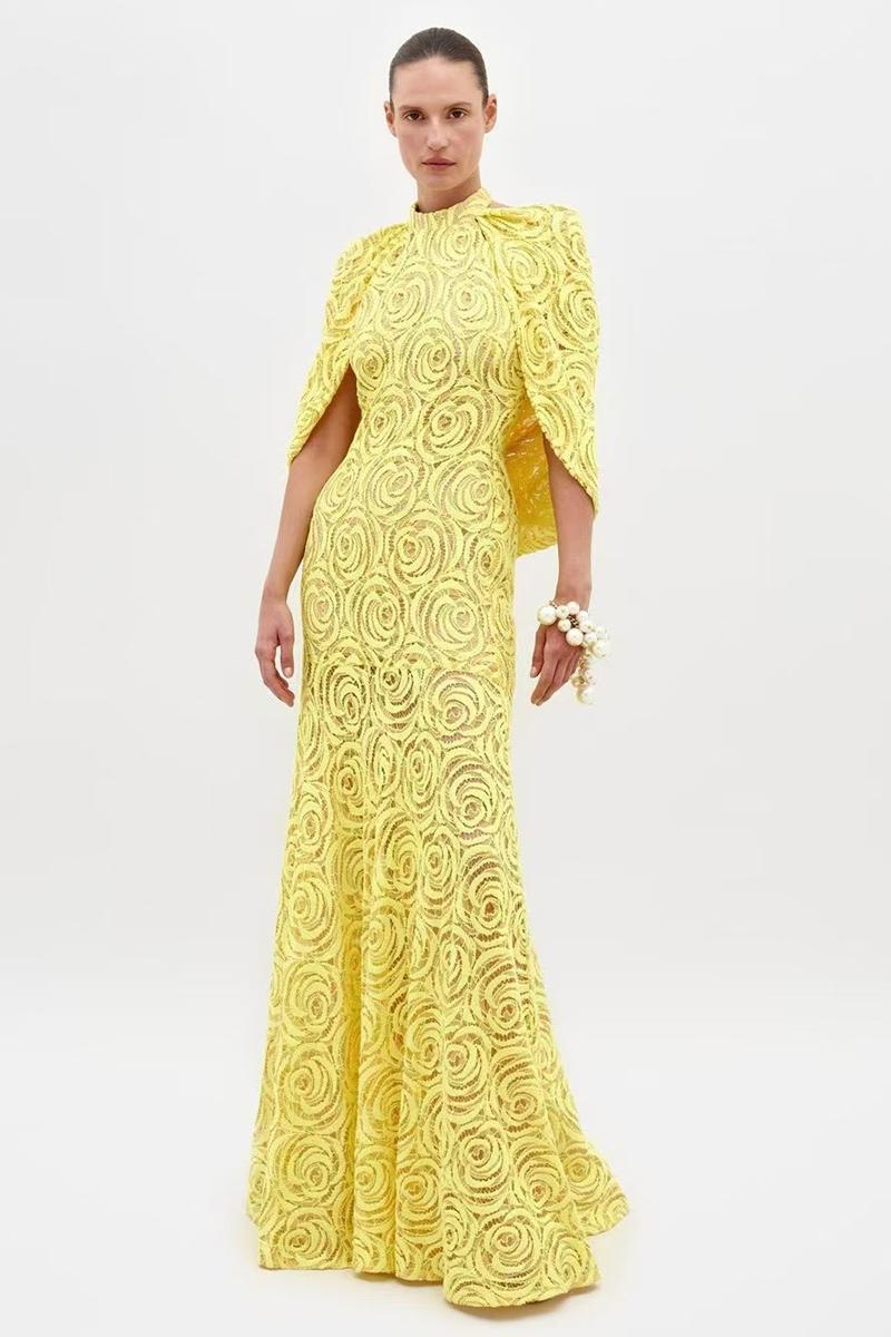 Eleonore Embroidered Cape Halter Neck Maxi Dress