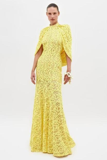 Eleonore Embroidered Cape Halter Neck Maxi Dress