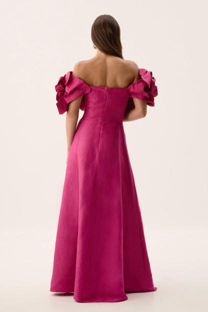 Izora Pink 3D Flower Solid Off-Shoulder Midi Dress