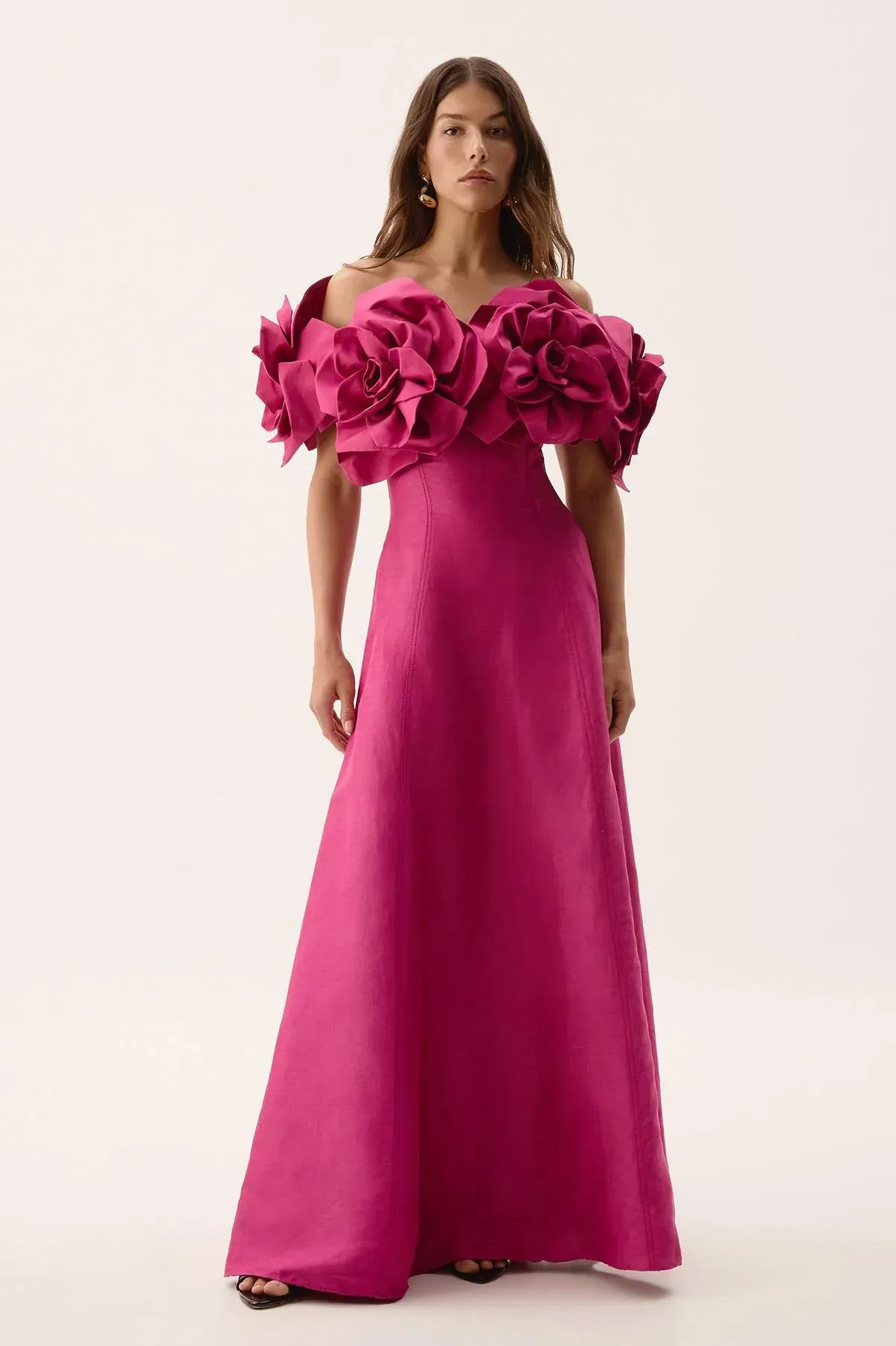 Izora Pink 3D Flower Solid Off-Shoulder Midi Dress