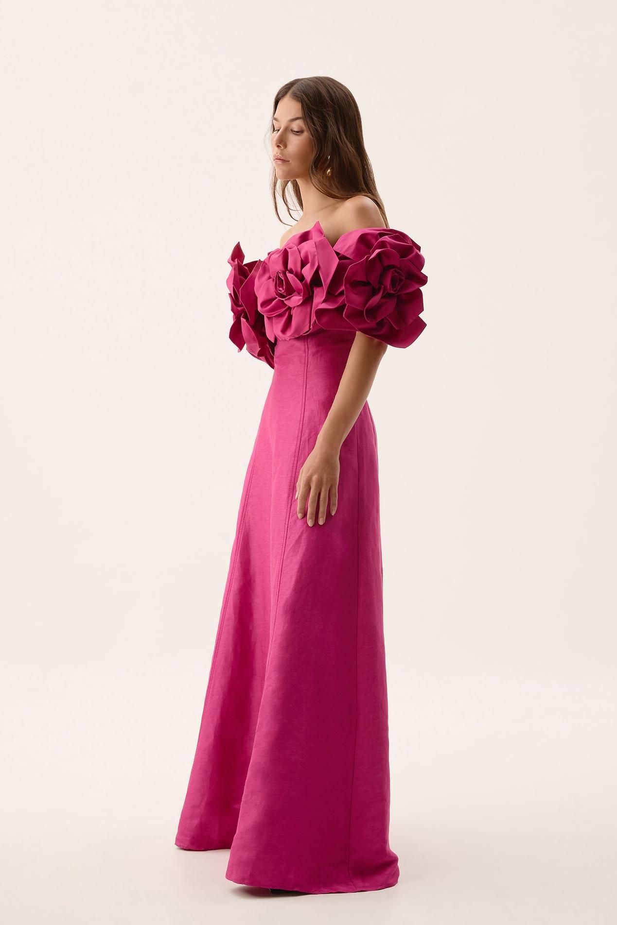 Izora Pink 3D Flower Solid Off-Shoulder Midi Dress