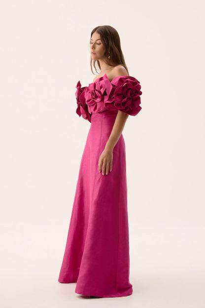 Izora Pink 3D Flower Solid Off-Shoulder Midi Dress