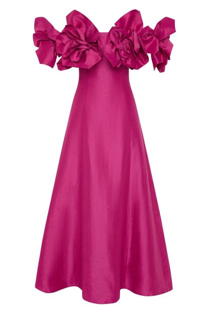 Izora Pink 3D Flower Solid Off-Shoulder Midi Dress