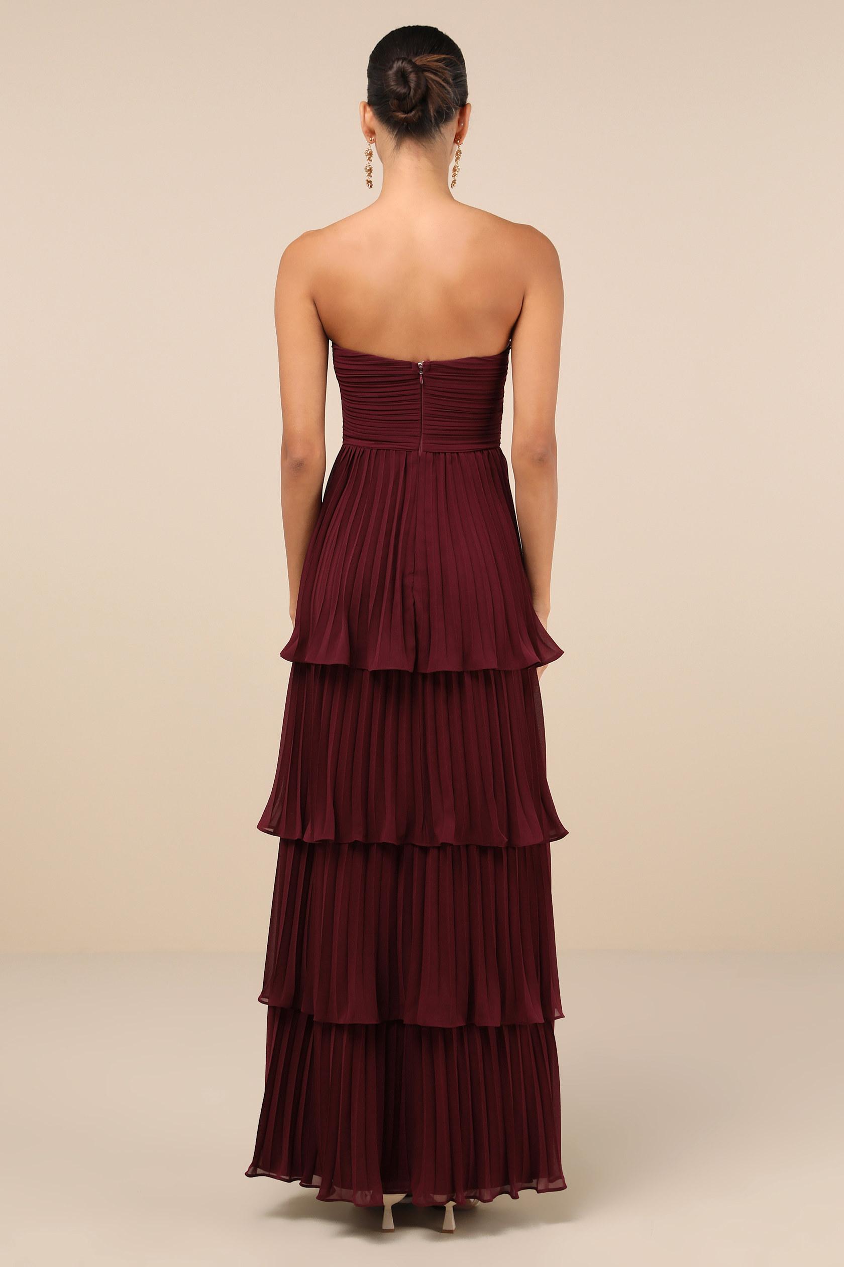 Crystal Off-Shoulder Pleat Tiered Maxi Dress