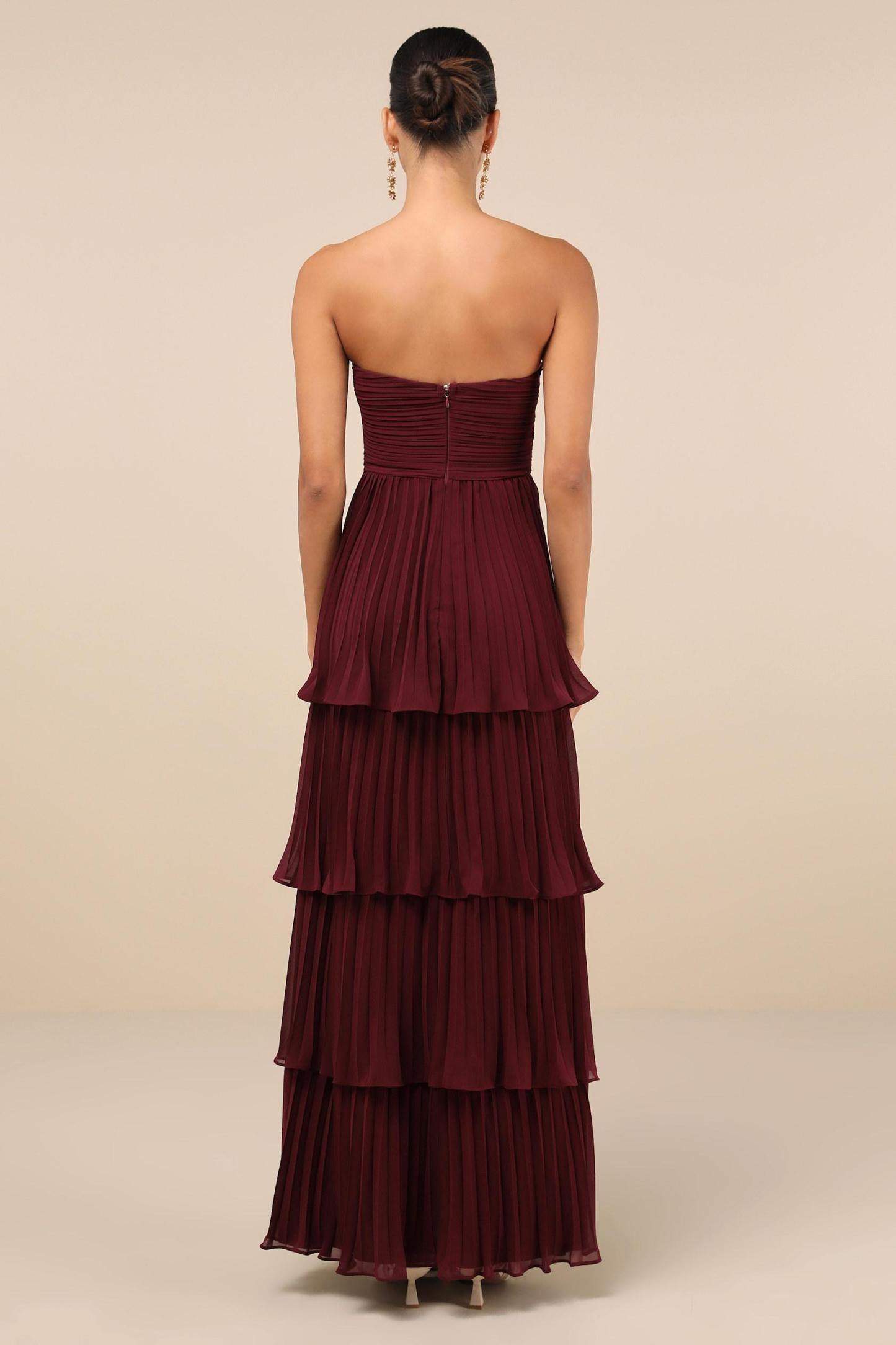 Crystal Off-Shoulder Pleat Tiered Maxi Dress