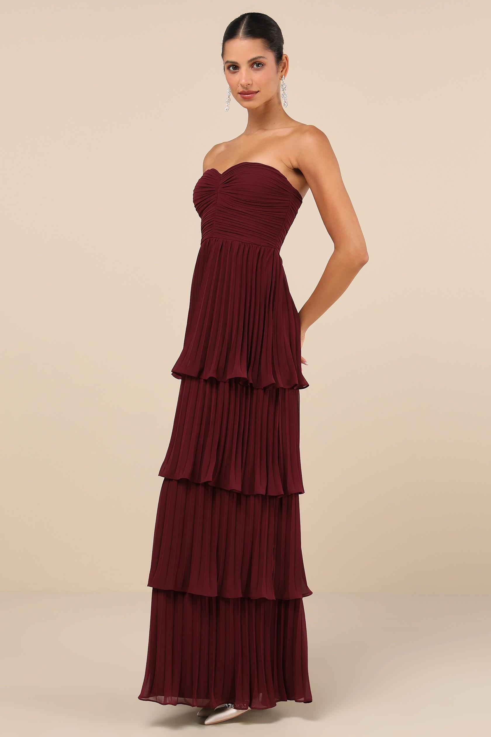 Crystal Off-Shoulder Pleat Tiered Maxi Dress