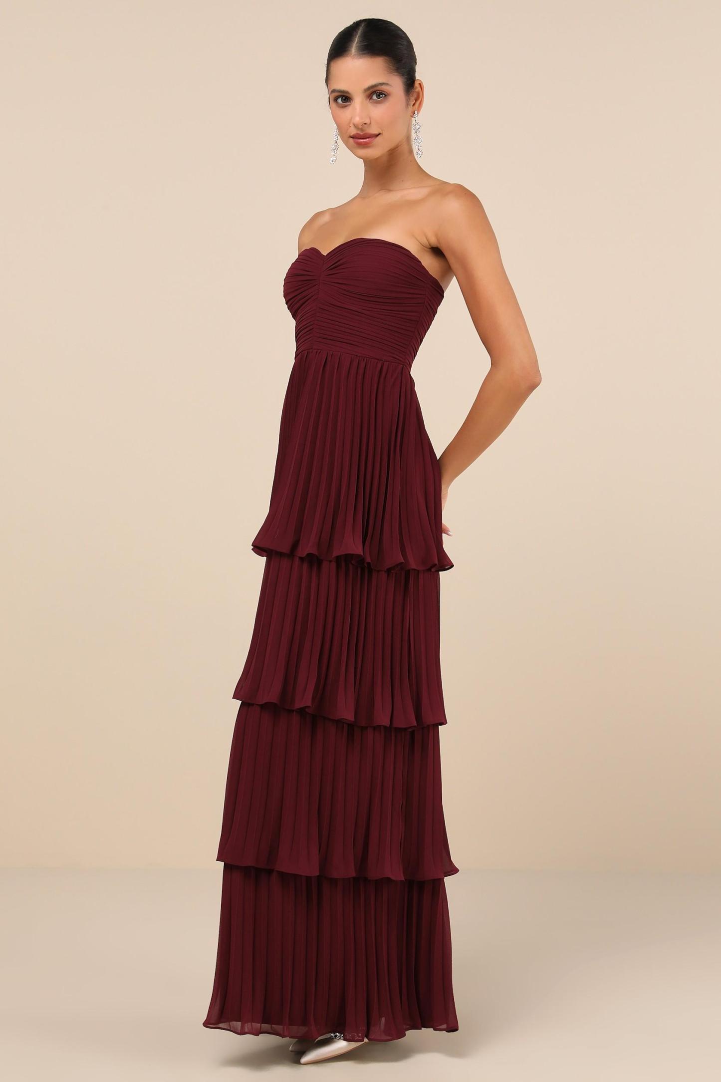 Crystal Off-Shoulder Pleat Tiered Maxi Dress
