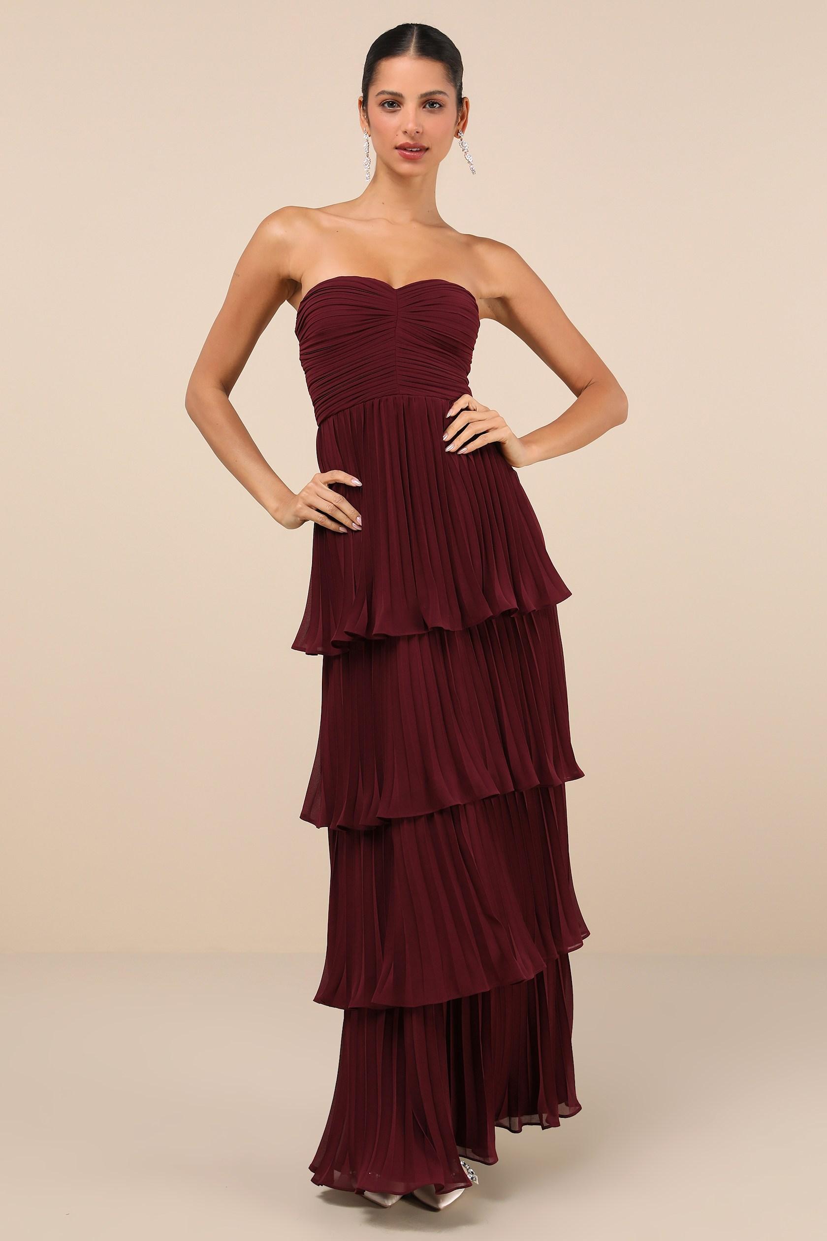 Crystal Off-Shoulder Pleat Tiered Maxi Dress