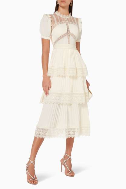 Kalisha Solid Lace Ruffle Midi Dress