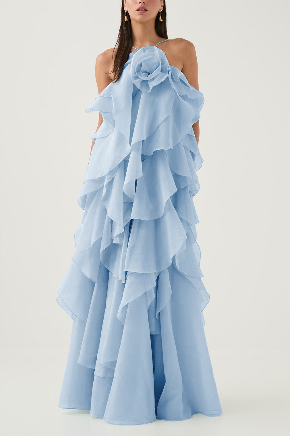 Greta Blue 3D Flower Halter Neck Frill Maxi Dress