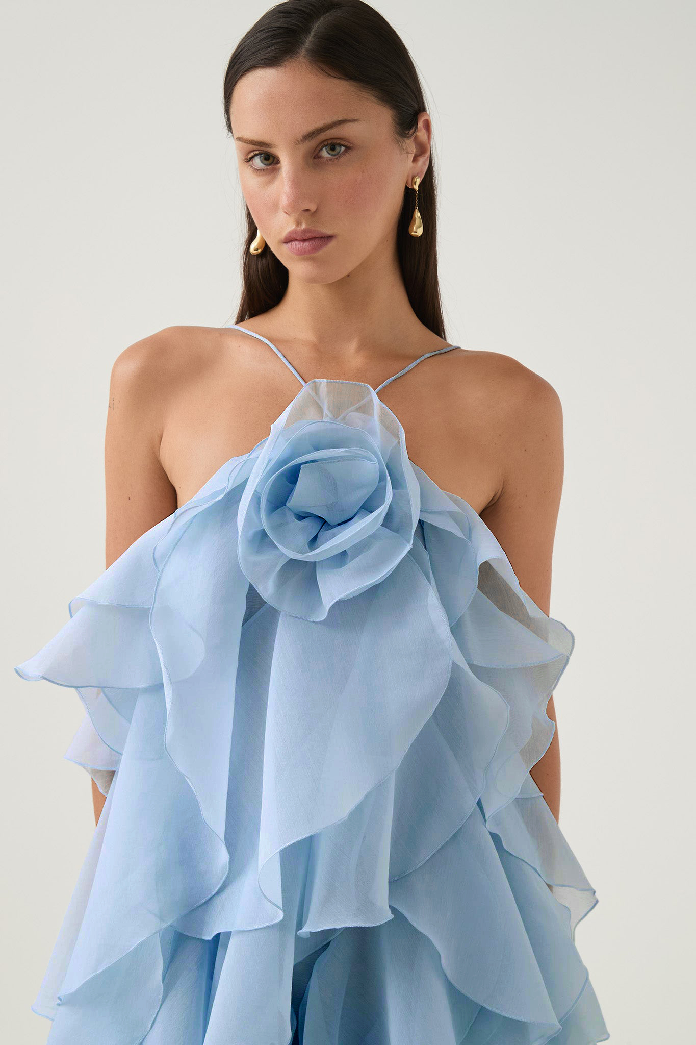 Greta Blue 3D Flower Halter Neck Frill Maxi Dress