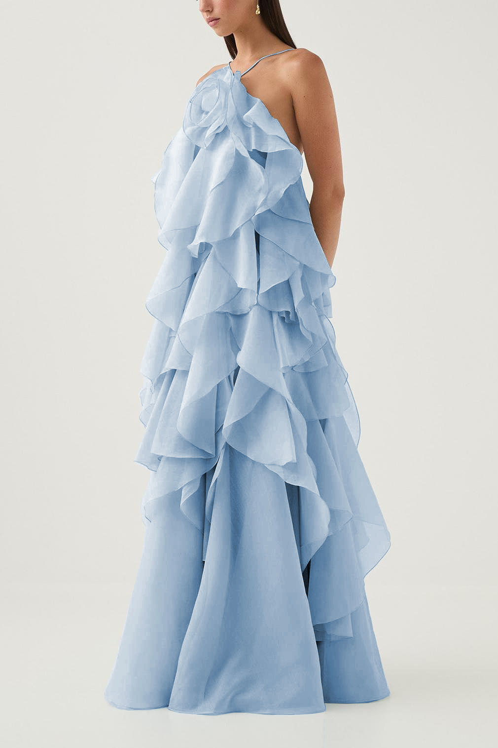 Greta Blue 3D Flower Halter Neck Frill Maxi Dress