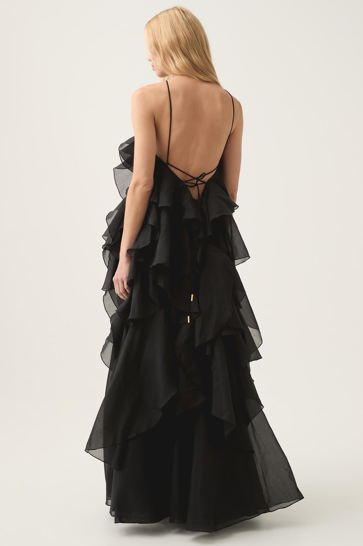  Greta Black 3D Flower Halter Neck Frill Maxi Dress