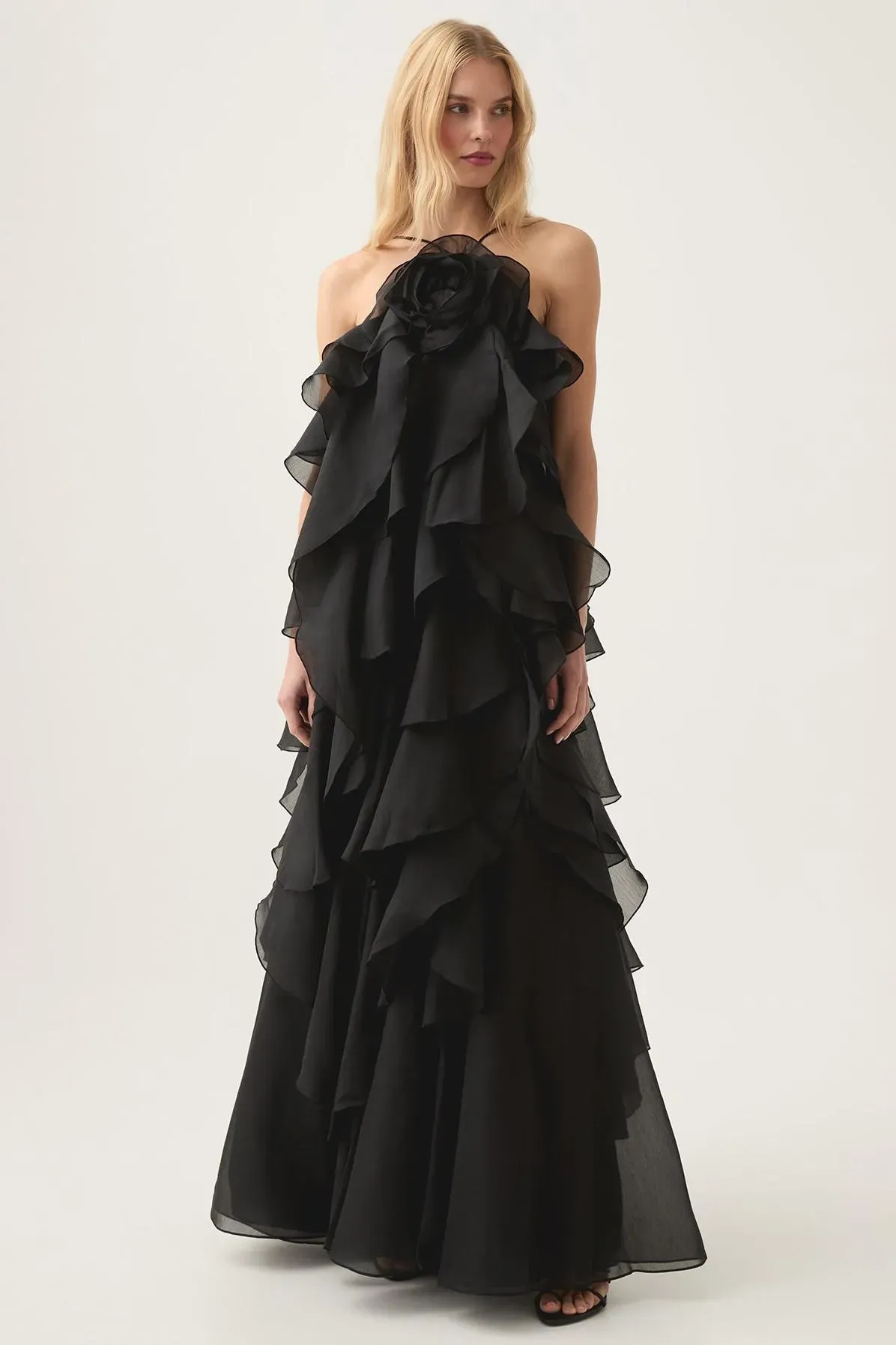  Greta Black 3D Flower Halter Neck Frill Maxi Dress