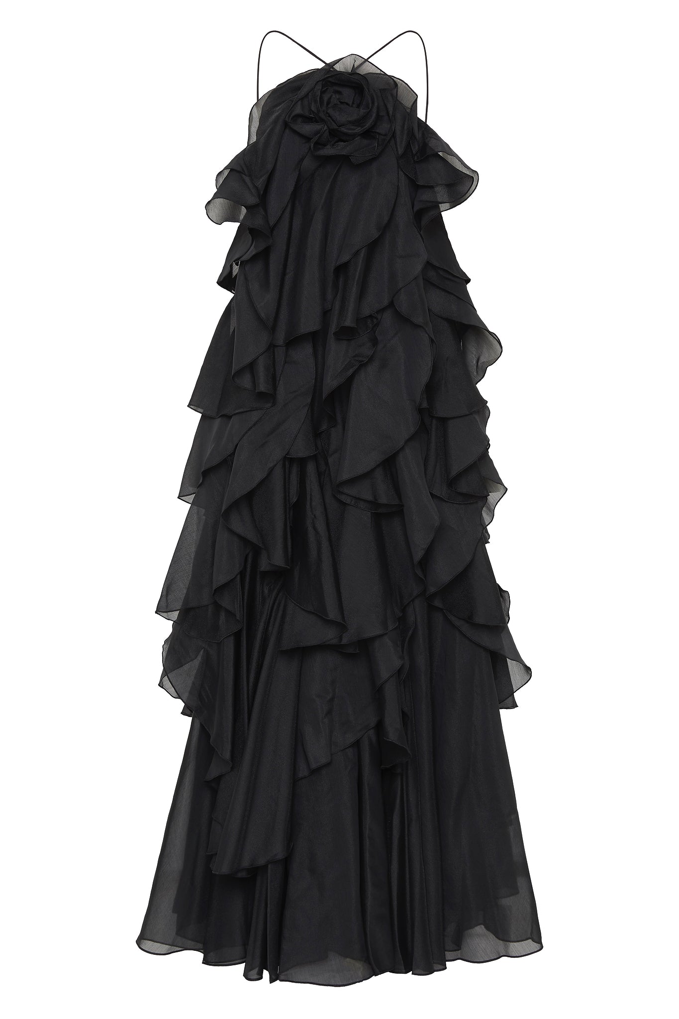  Greta Black 3D Flower Halter Neck Frill Maxi Dress