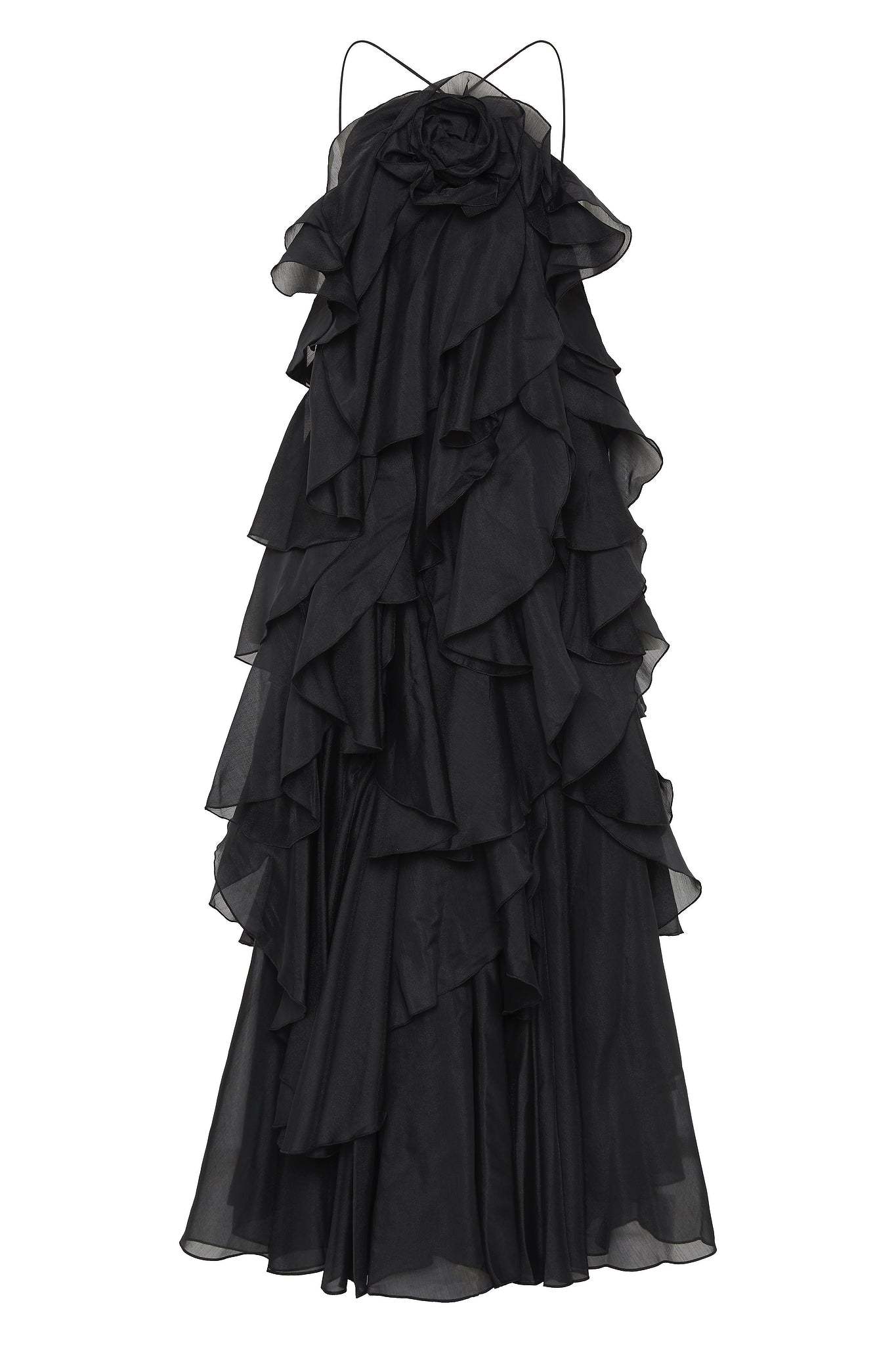  Greta Black 3D Flower Halter Neck Frill Maxi Dress