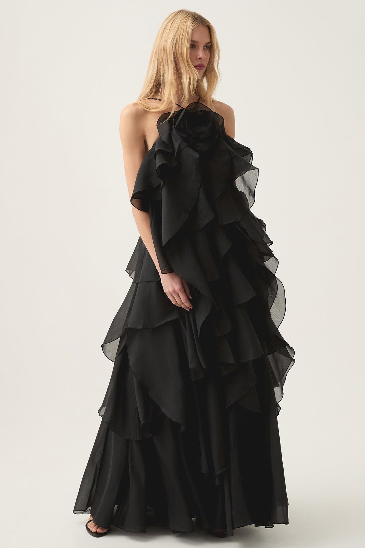  Greta Black 3D Flower Halter Neck Frill Maxi Dress