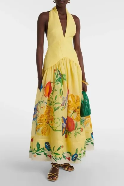 Emmanuelle Floral V-Neck Backless Midi Dress