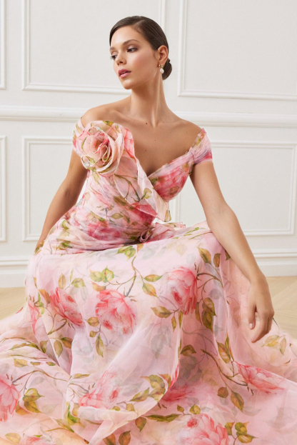 Kerry 3D Flower Frill Chiffon Maxi Dress