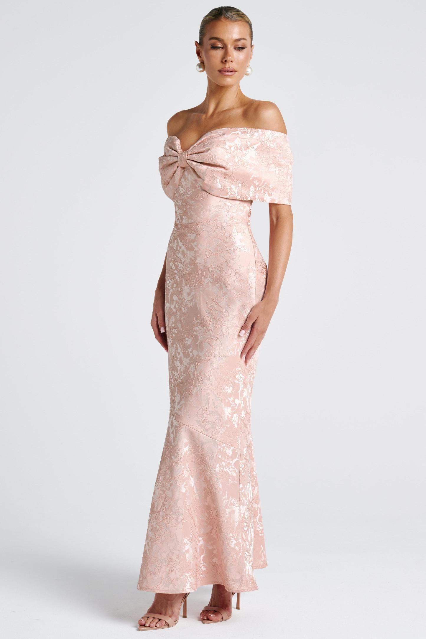 Olive Bow Jacquard Off-Shoulder Maxi Dress