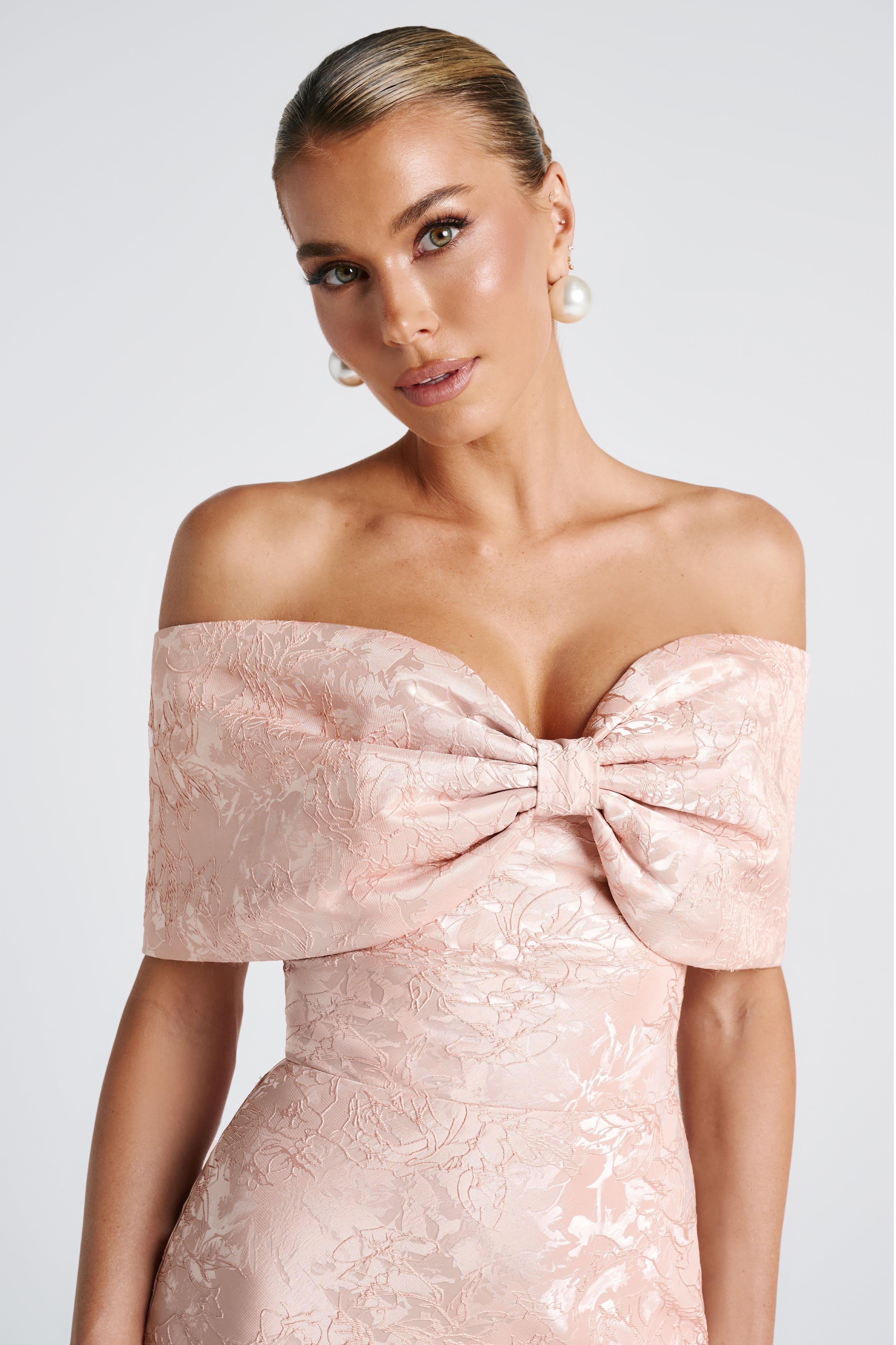 Olive Bow Jacquard Off-Shoulder Maxi Dress