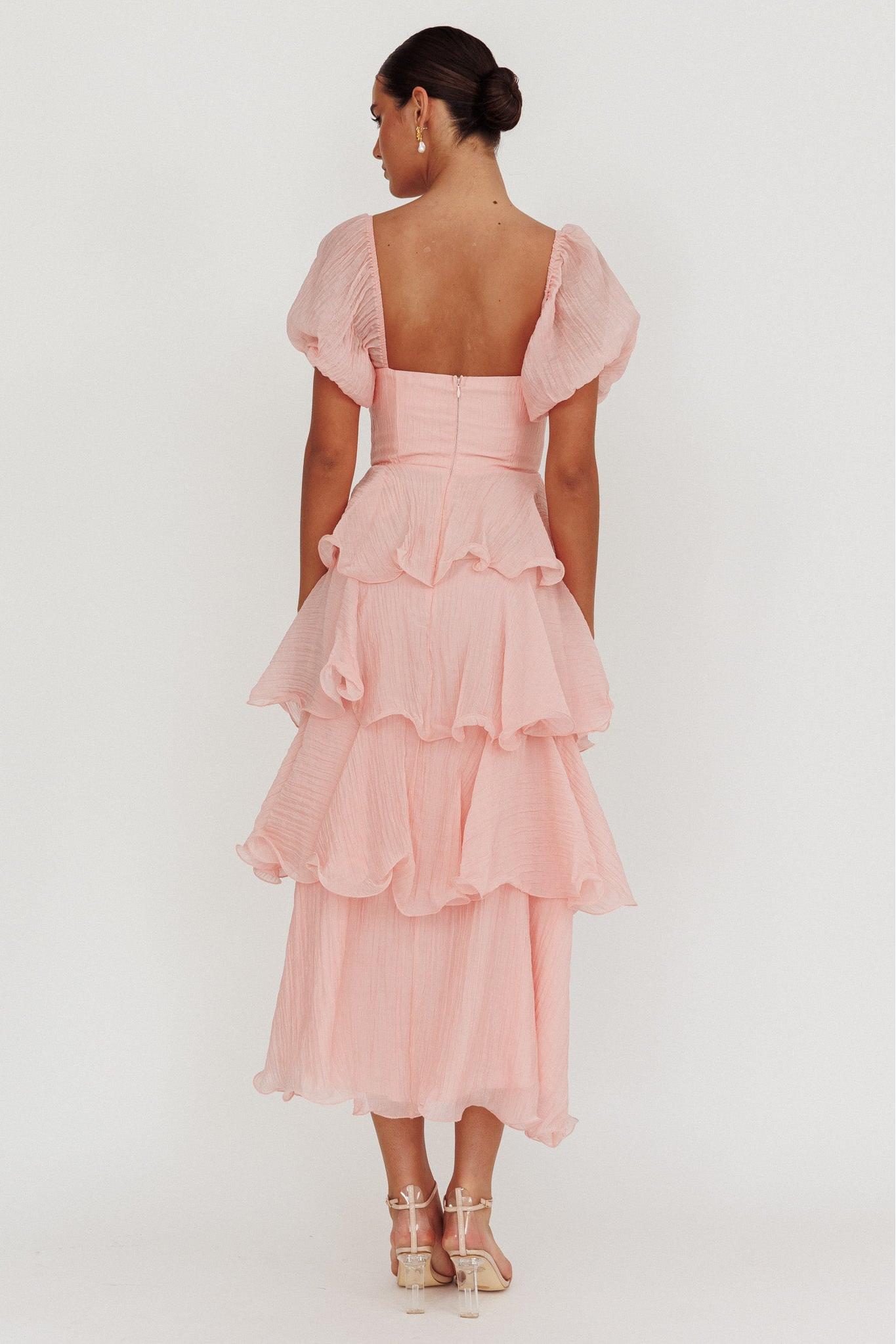 Ira Chiffon Ruffle Square Collar Midi Dress