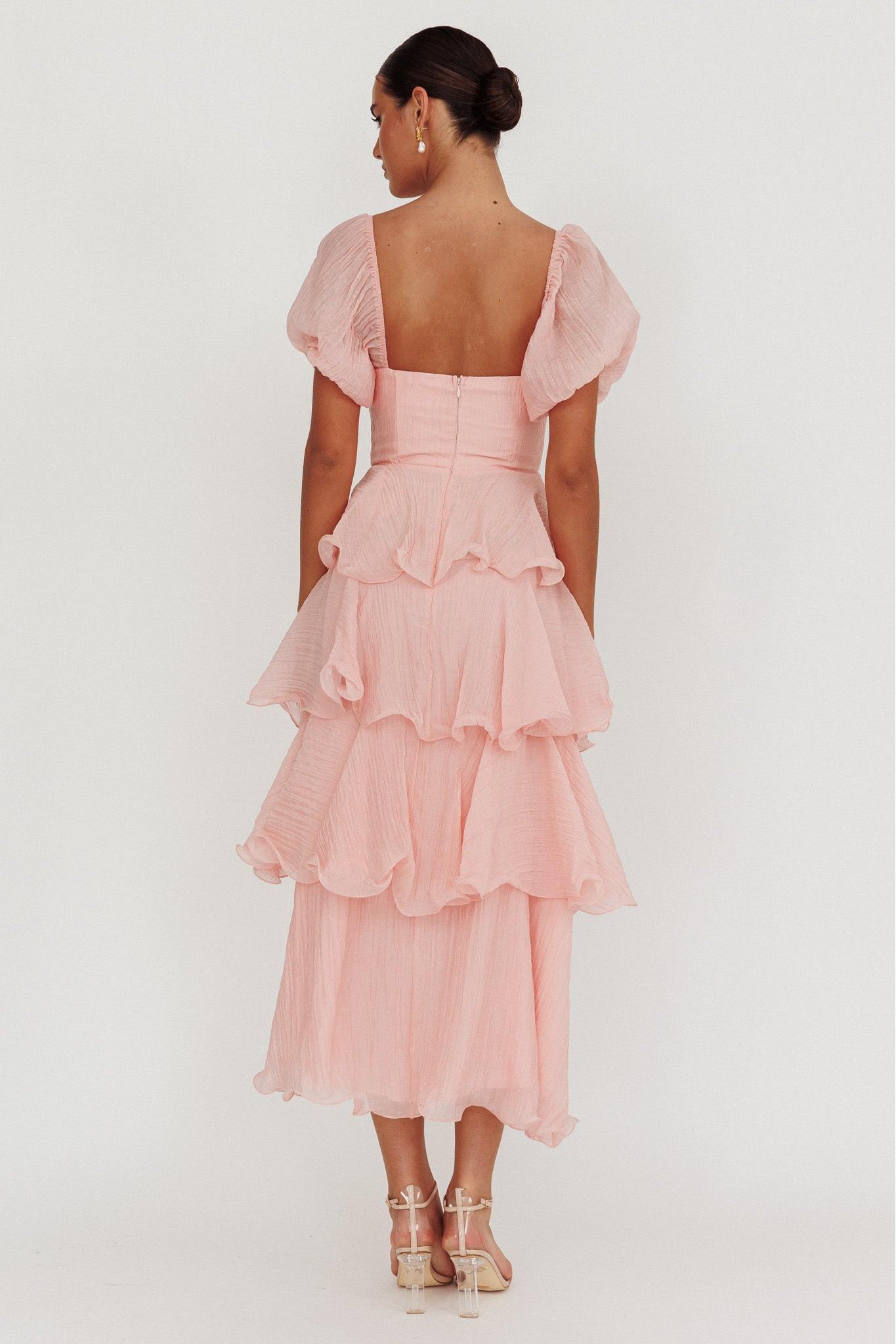 Ira Chiffon Ruffle Square Collar Midi Dress