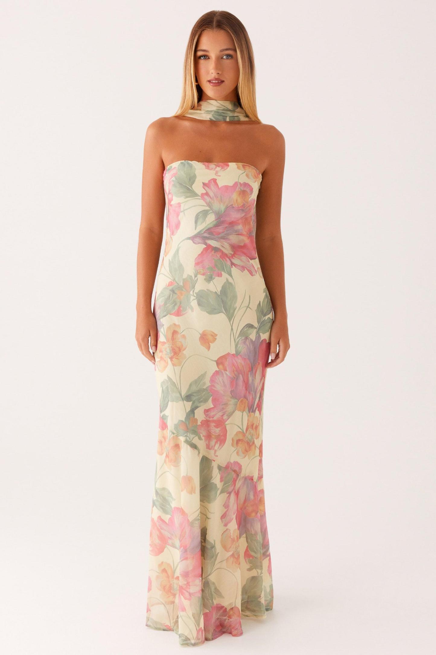Virginia Floral Chiffon Strapless Maxi Dress