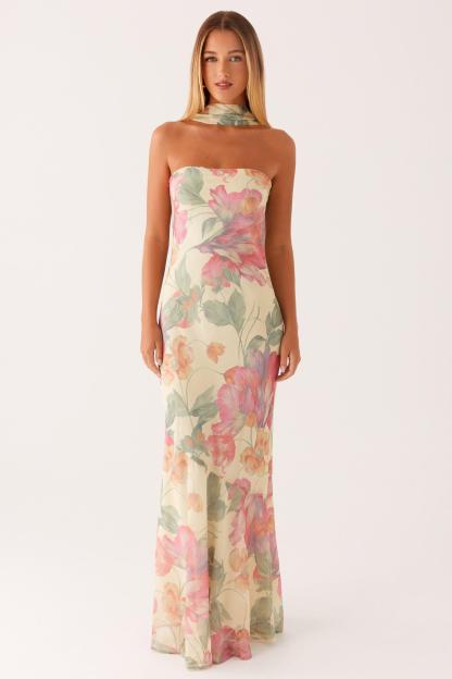 Virginia Floral Chiffon Strapless Maxi Dress