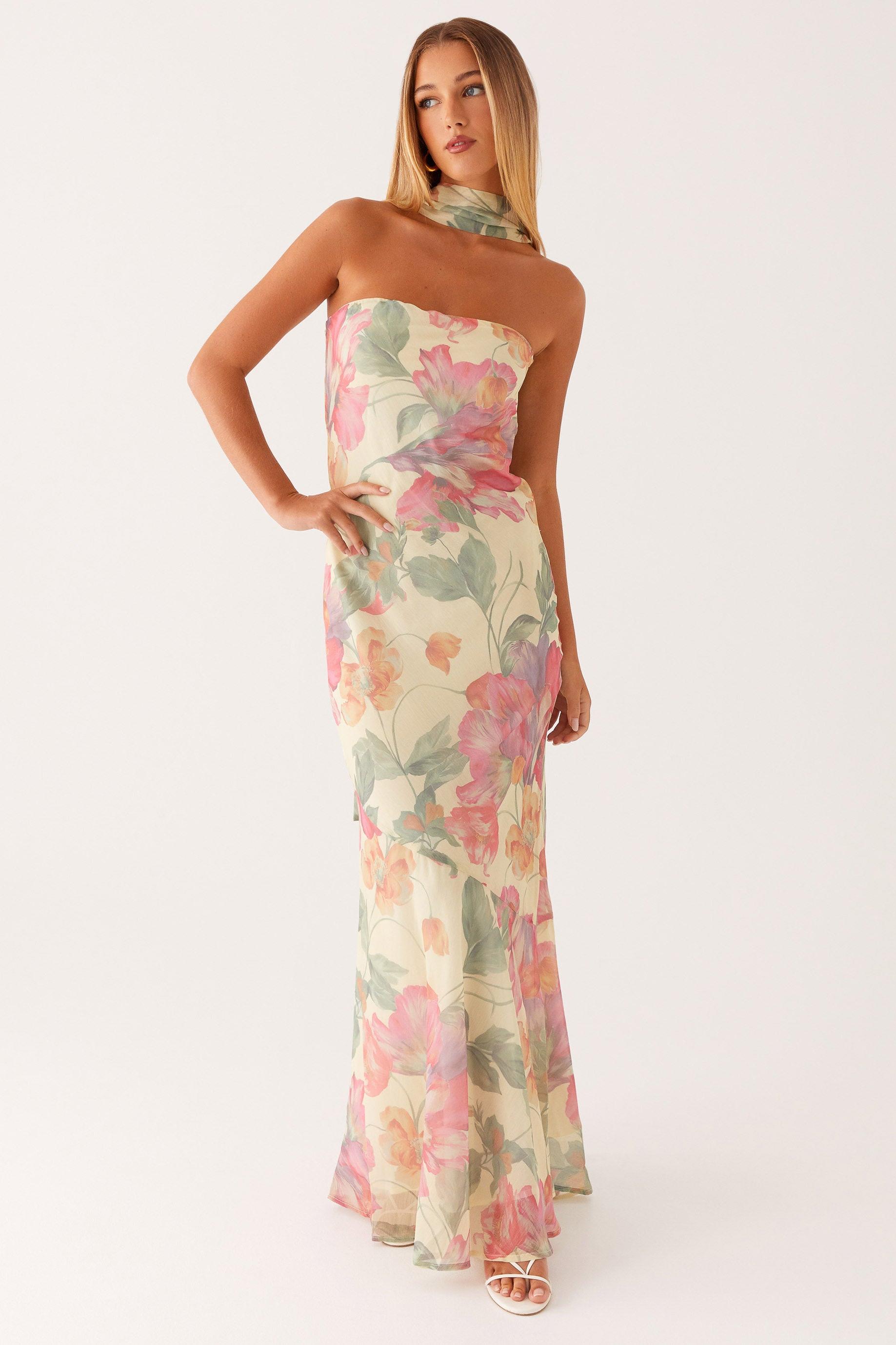 Virginia Floral Chiffon Strapless Maxi Dress