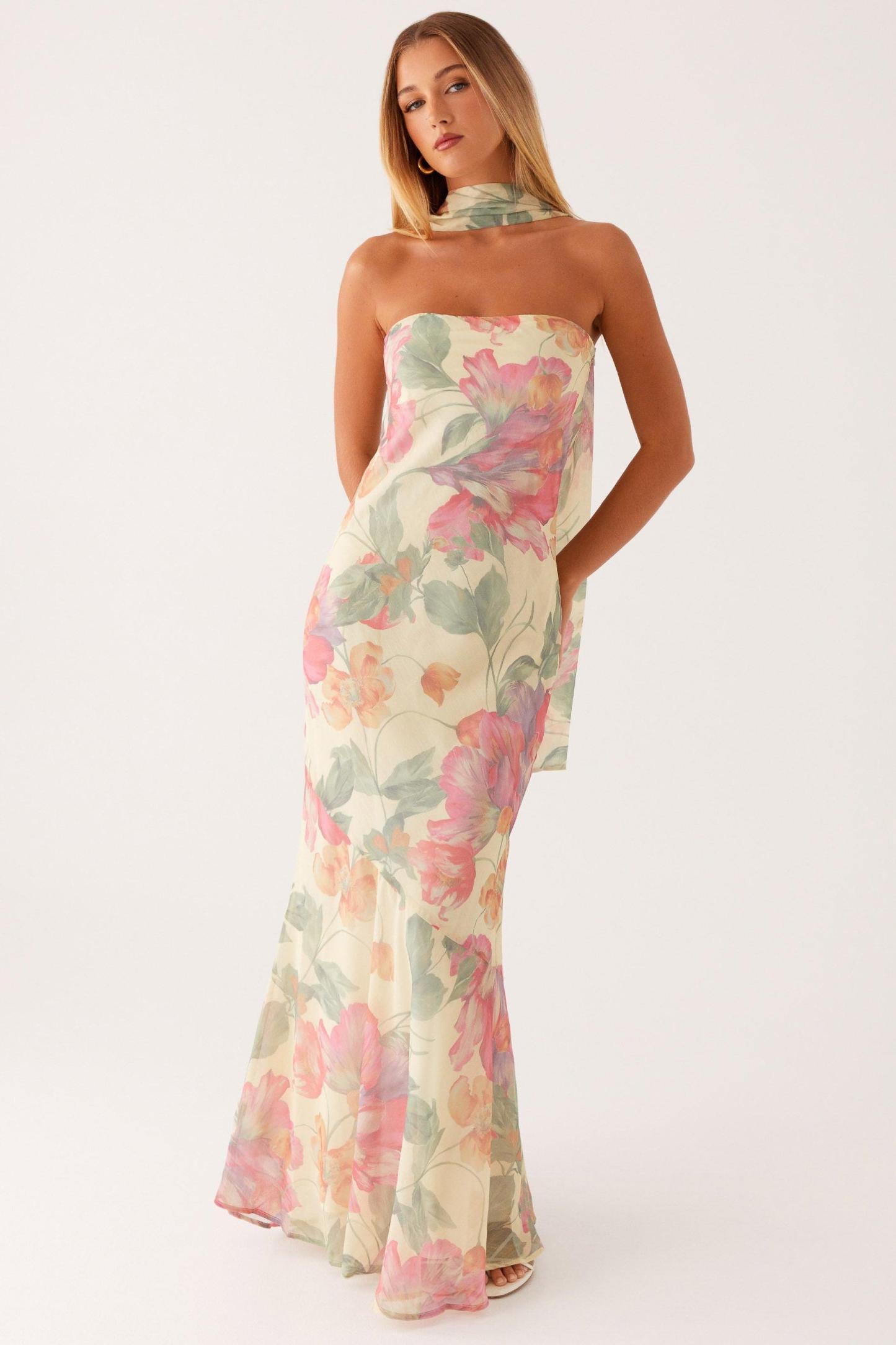 Virginia Floral Chiffon Strapless Maxi Dress