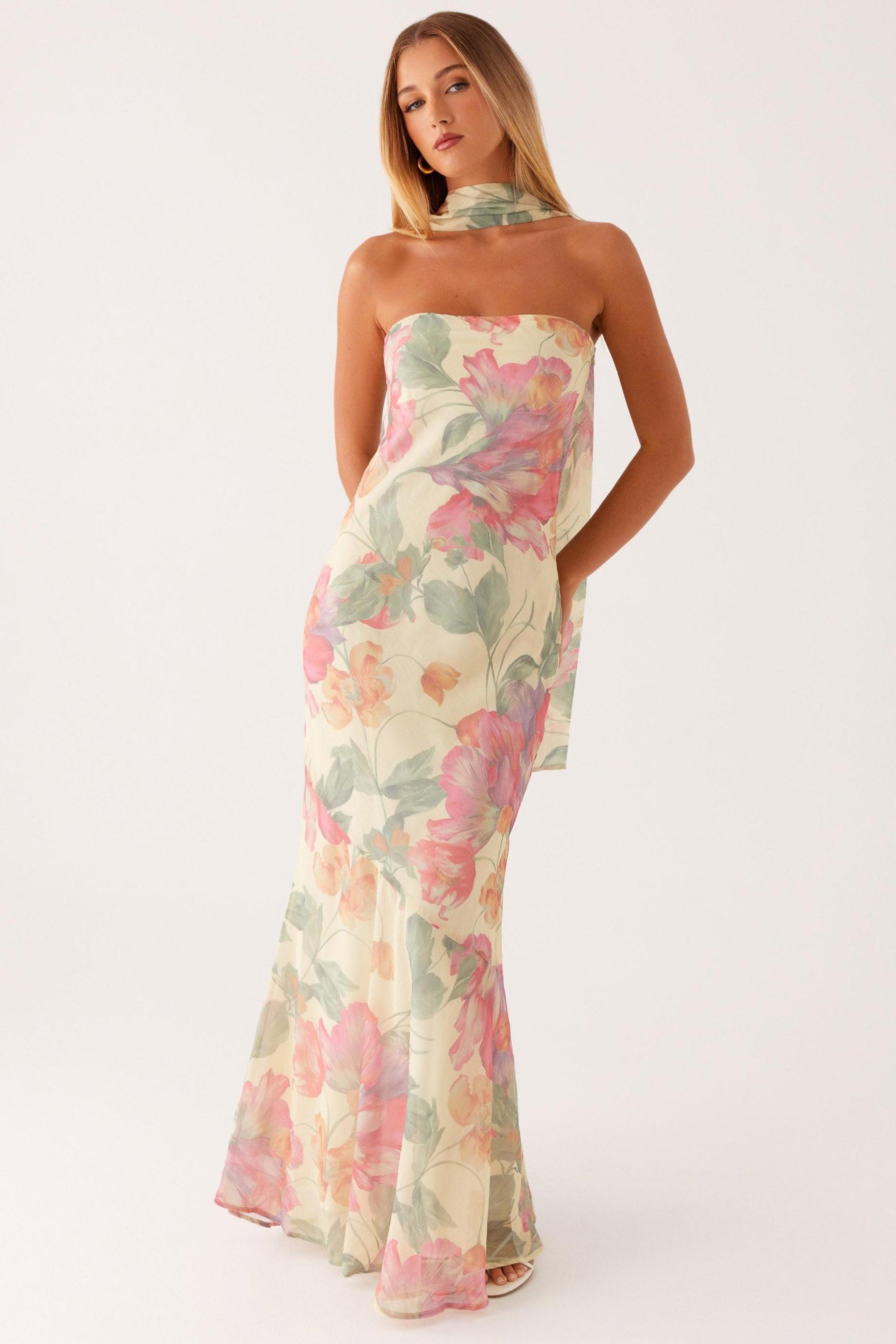 Virginia Floral Chiffon Strapless Maxi Dress