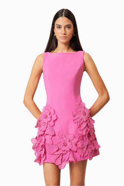 Essie 3D Flower Solid Round Neck Mini Dress