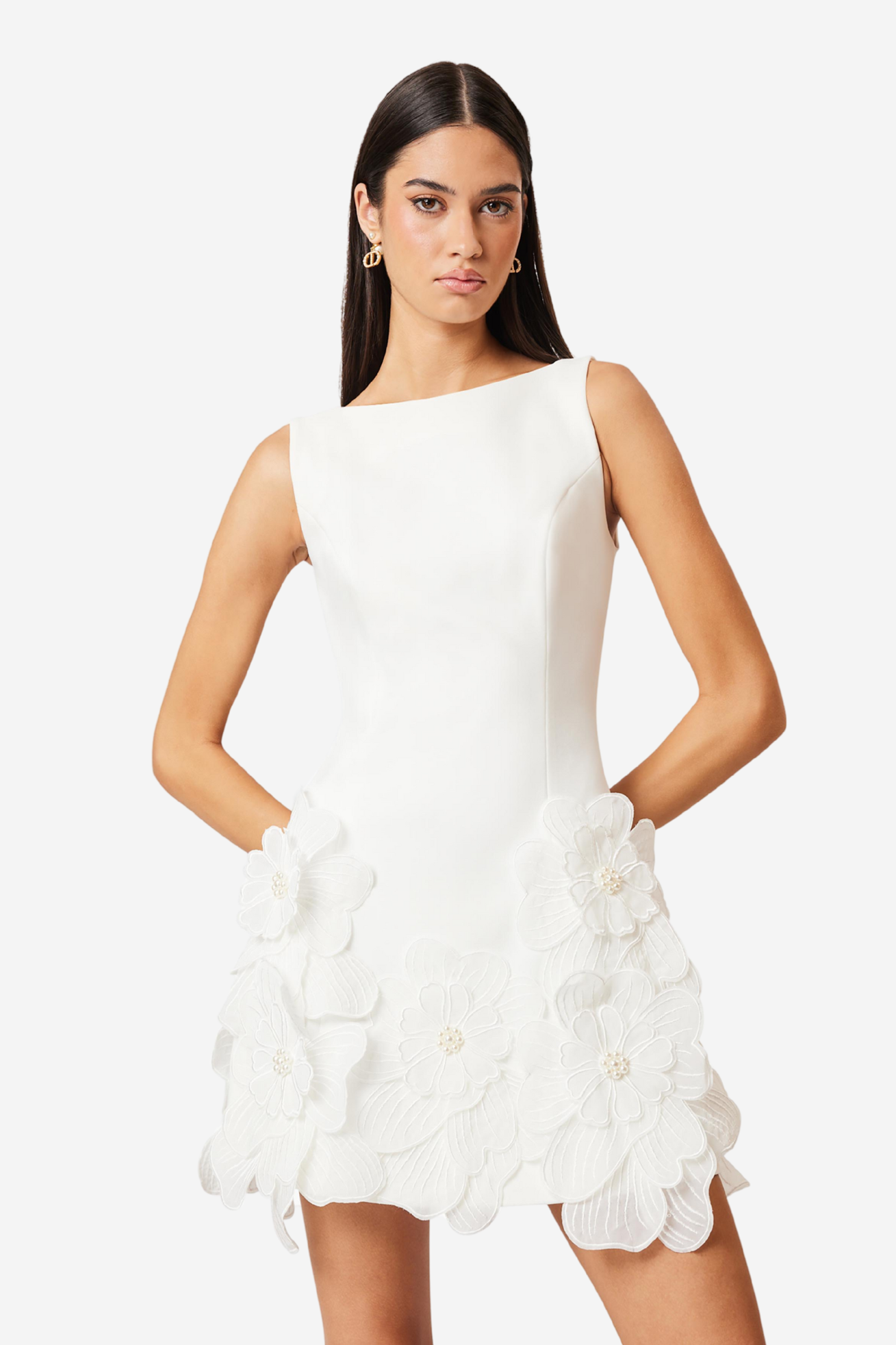 Gillian 3D Flower Solid Round Neck Mini Dress