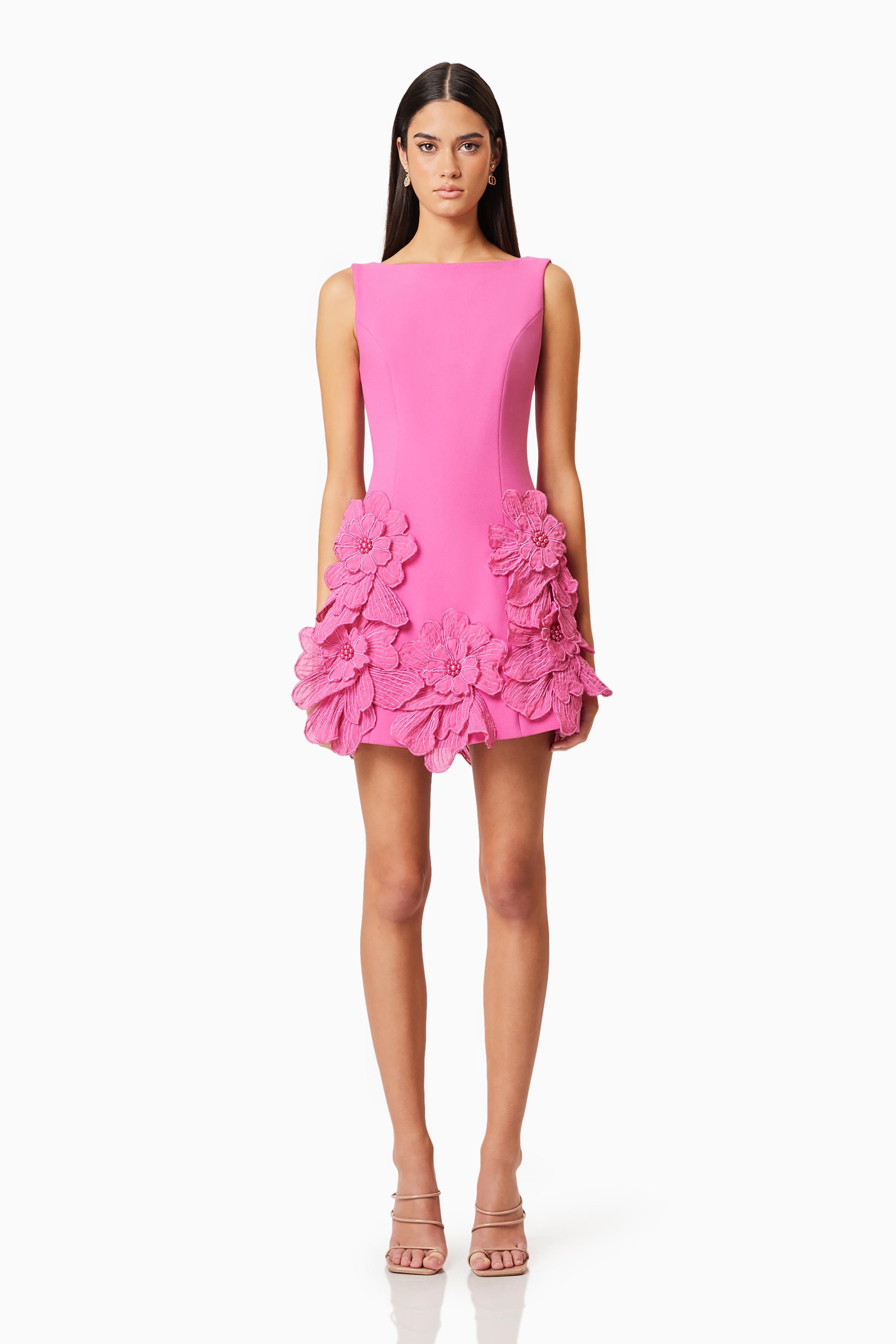 Essie 3D Flower Solid Round Neck Mini Dress