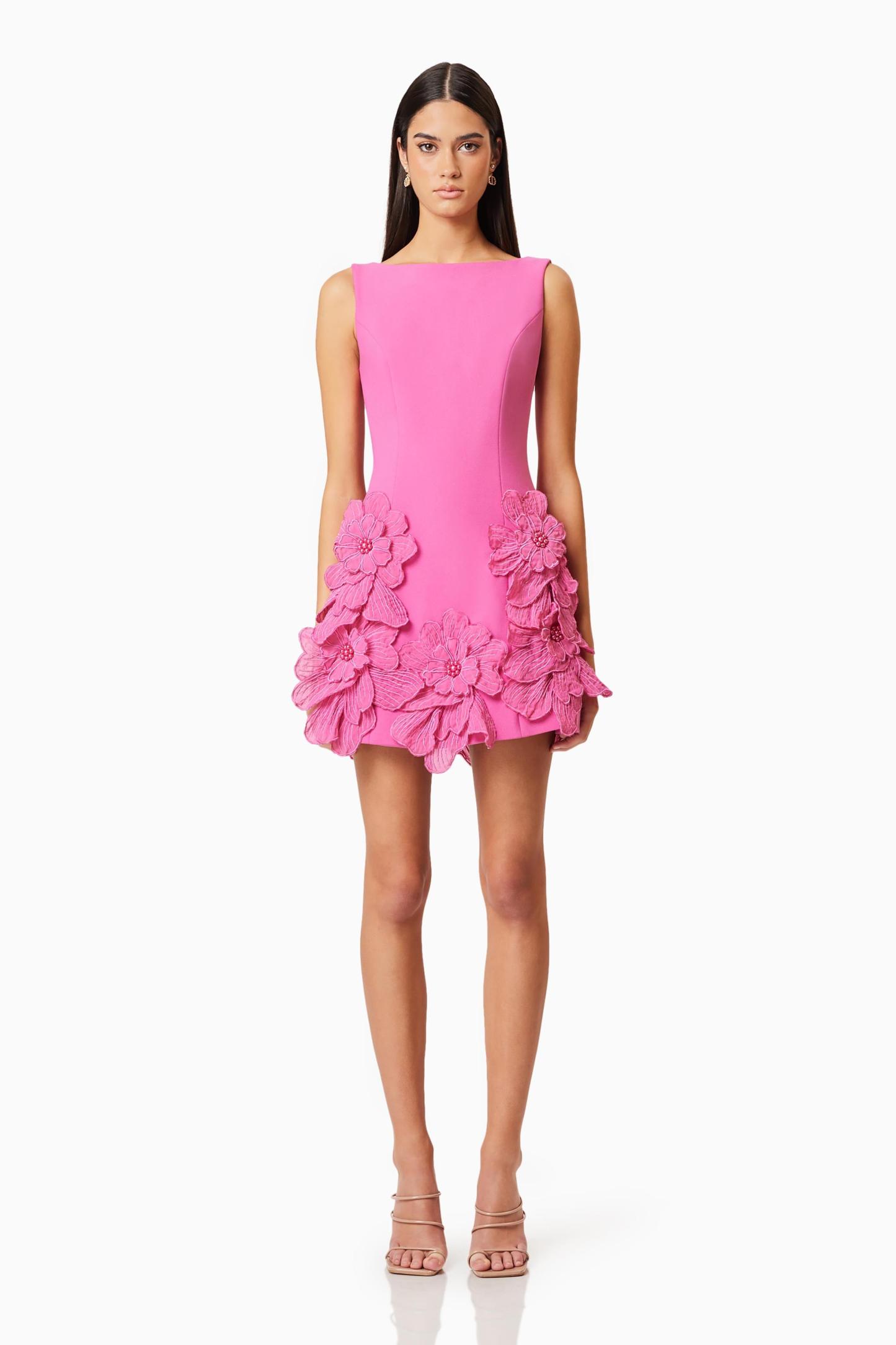 Essie 3D Flower Solid Round Neck Mini Dress