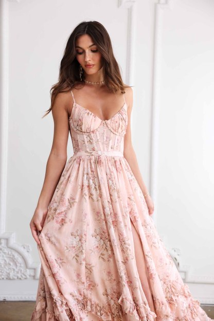 Roberta Pink Floral Frill Split Maxi Dress