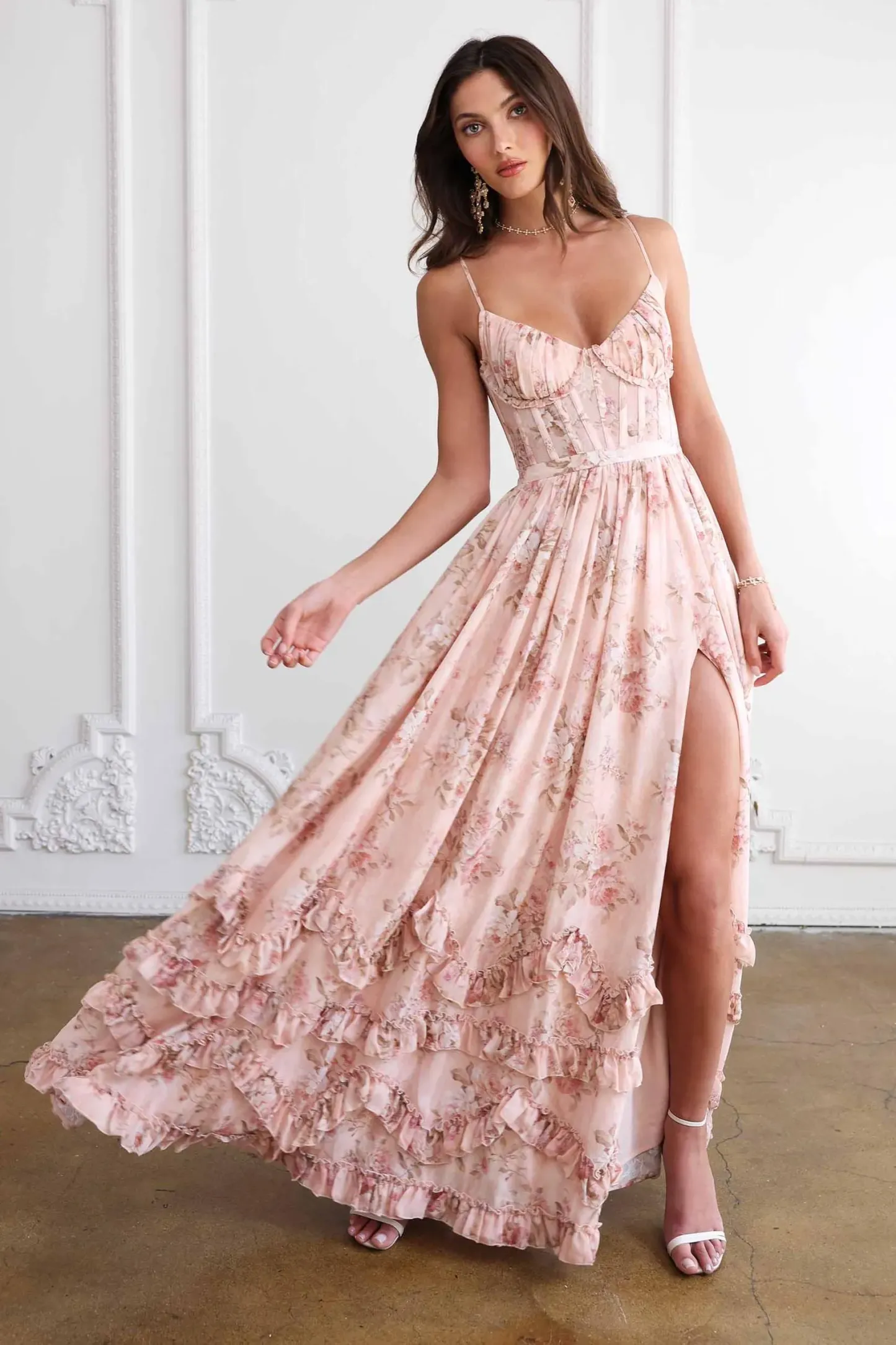 Roberta Pink Floral Frill Split Maxi Dress